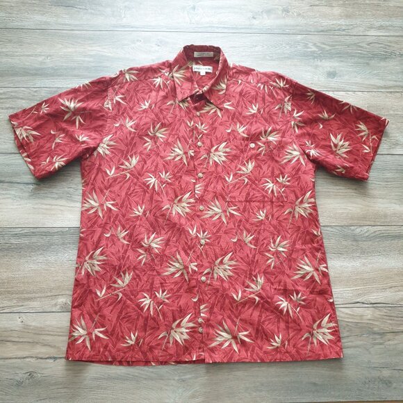 Pierre Cardin Men's Hawaiian Shirt M Red Leaf Print 100% Cotton Made In Korea - Picture 1 of 6